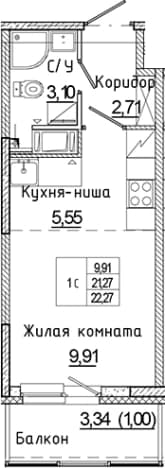 . Вариант № 1815006, 0, площадь - 21.27 квм, цена 3902217 рублей