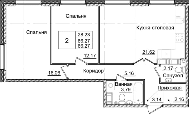 . Вариант № 2242625, 0, площадь - 66.27 квм, цена 11755636 рублей