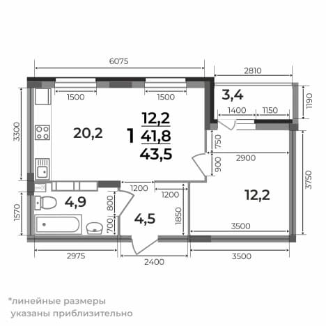 . Вариант № 2078091, 1, площадь - 43.5 квм, цена 5807250 рублей