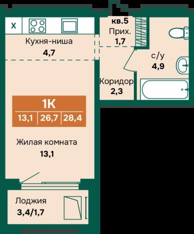. Вариант № 2236055, 0, площадь - 28.4 квм, цена 5191000 рублей