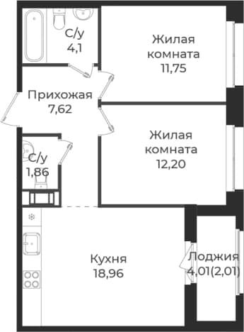 . Вариант № 1838964, 0, площадь - 56.49 квм, цена 9466470 рублей