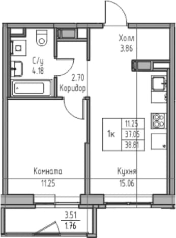 . Вариант № 1864982, 0, площадь - 37.05 квм, цена 8558726 рублей