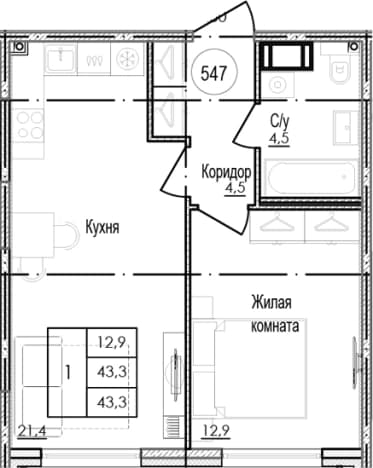 . Вариант № 2261337, 0, площадь - 43.3 квм, цена 21921000 рублей