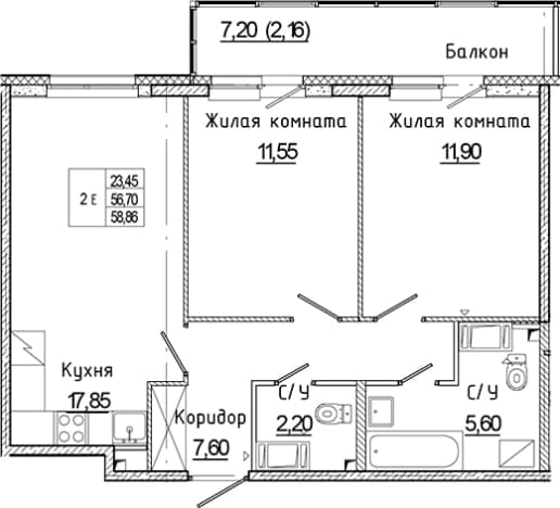 . Вариант № 2251992, 0, площадь - 56.7 квм, цена 11434756 рублей