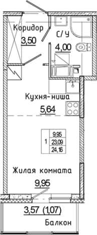 . Вариант № 1815015, 0, площадь - 23.09 квм, цена 4252575 рублей