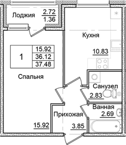 . Вариант № 1910185, 0, площадь - 36.12 квм, цена 6718939 рублей