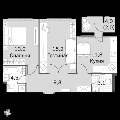 . Вариант № 2320136, 0, площадь - 57.2 квм, цена 33267520 рублей