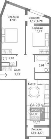 . Вариант № 2125428, 0, площадь - 61.09 квм, цена 9192040 рублей