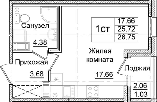 . Вариант № 1910329, 0, площадь - 25.72 квм, цена 4887565 рублей