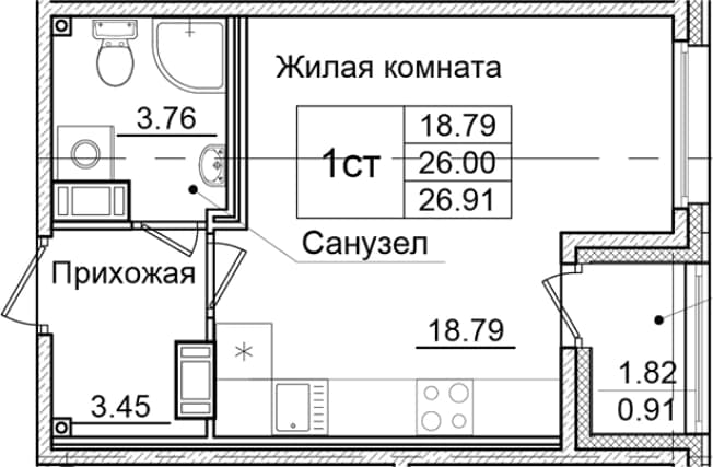 . Вариант № 1826960, 0, площадь - 26 квм, цена 5389341 рублей