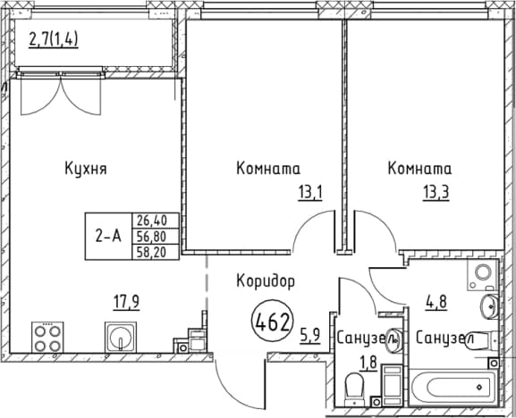 . Вариант № 2284087, 0, площадь - 56.8 квм, цена 13413899 рублей