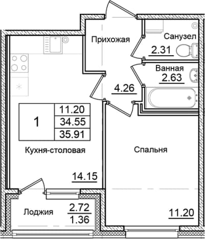 . Вариант № 2007829, 0, площадь - 34.55 квм, цена 6248150 рублей