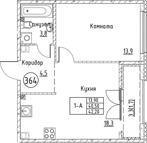 . Вариант № 1830952, 0, площадь - 40.5 квм, цена 9110509 рублей