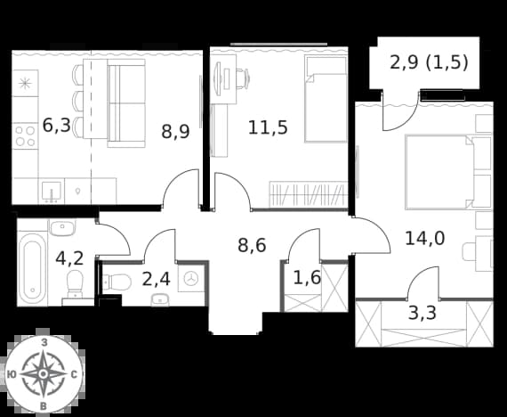 . Вариант № 2096990, 0, площадь - 62.3 квм, цена 26078780 рублей