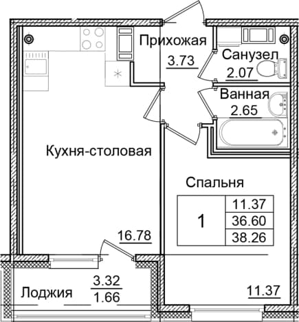 . Вариант № 1826543, 0, площадь - 36.6 квм, цена 7560743 рублей