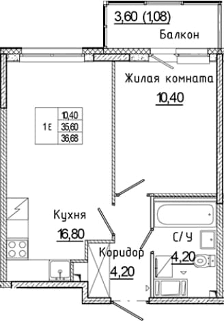 . Вариант № 1814978, 0, площадь - 35.6 квм, цена 6236087 рублей