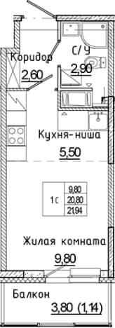 . Вариант № 2168655, 0, площадь - 20.8 квм, цена 3855514 рублей