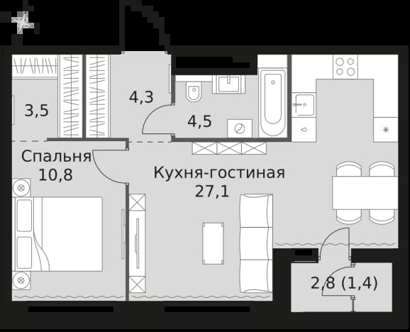 . Вариант № 2347694, 0, площадь - 51.6 квм, цена 28018800 рублей