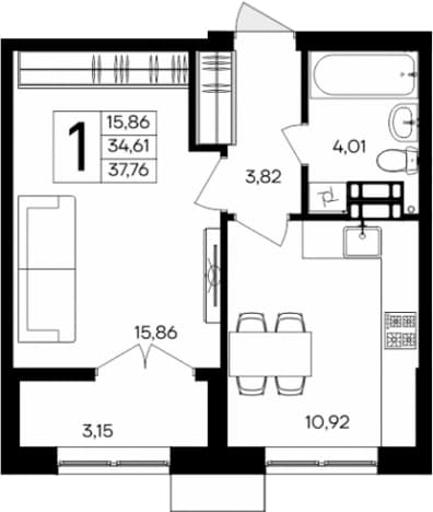 . Вариант № 2109673, 0, площадь - 34.61 квм, цена 8307200 рублей