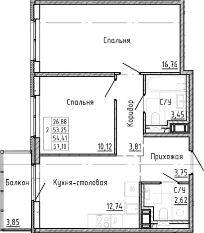 . Вариант № 1878460, 0, площадь - 50.56 квм, цена 15947571 рублей