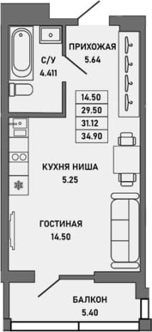 . Вариант № 2154433, 0, площадь - 29.5 квм, цена 11711078 рублей