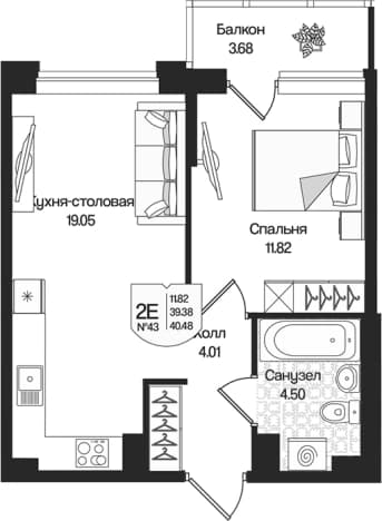 . Вариант № 1848639, 0, площадь - 39.38 квм, цена 9808533 рублей