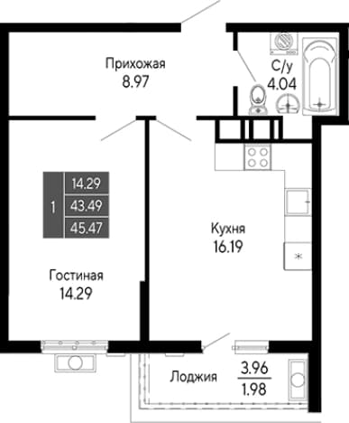 . Вариант № 2111280, 0, площадь - 43.49 квм, цена 10003400 рублей