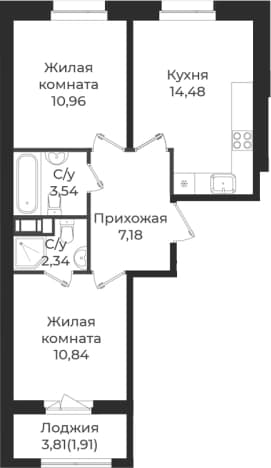 . Вариант № 1838757, 0, площадь - 49.34 квм, цена 8279438 рублей