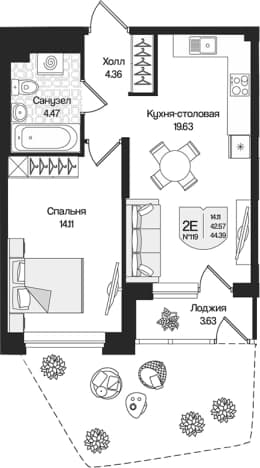 . Вариант № 1919061, 0, площадь - 42.57 квм, цена 11409332 рублей