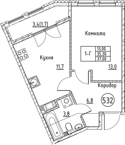 . Вариант № 2168728, 0, площадь - 35.3 квм, цена 9009514 рублей