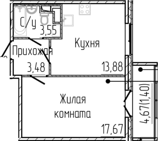 . Вариант № 1806112, 0, площадь - 38.58 квм, цена 8355994 рублей