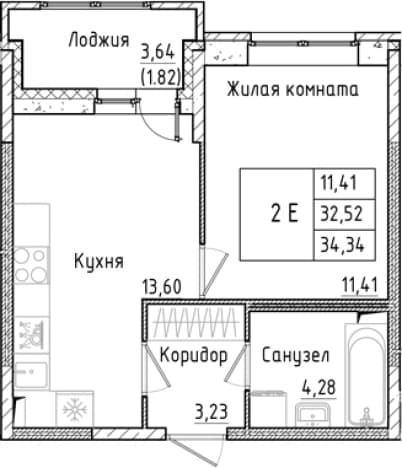 . Вариант № 1814233, 0, площадь - 32.52 квм, цена 6652456 рублей