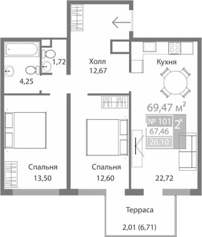 . Вариант № 2125412, 0, площадь - 67.46 квм, цена 9934210 рублей