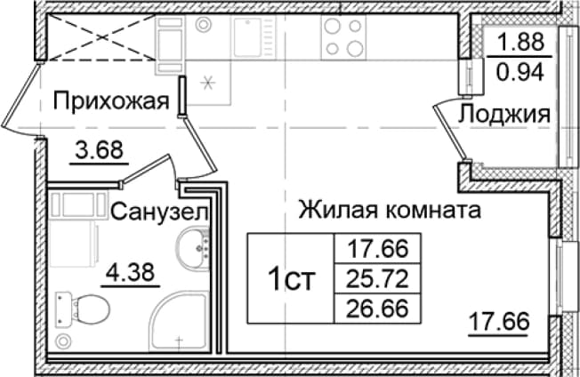 . Вариант № 2261383, 0, площадь - 25.72 квм, цена 5158797 рублей