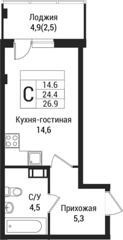 . Вариант № 1864454, 0, площадь - 24.4 квм, цена 3963550 рублей