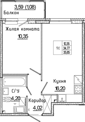 . Вариант № 1814877, 0, площадь - 34.77 квм, цена 6758732 рублей