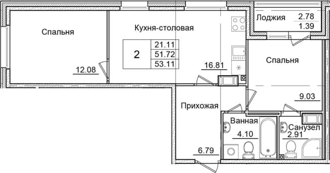 . Вариант № 1826689, 0, площадь - 51.72 квм, цена 9294250 рублей