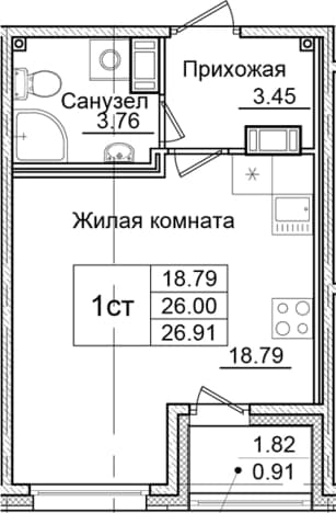 . Вариант № 1826848, 0, площадь - 26 квм, цена 5261410 рублей