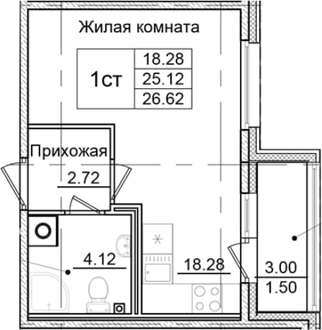 . Вариант № 1826711, 0, площадь - 25.12 квм, цена 4791600 рублей