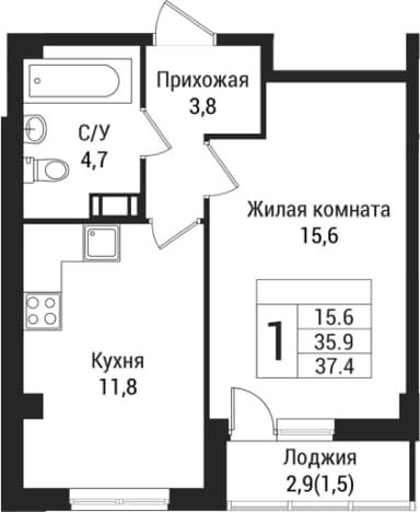 . Вариант № 1864636, 0, площадь - 35.9 квм, цена 5026050 рублей