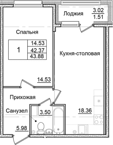 . Вариант № 2008199, 0, площадь - 42.37 квм, цена 7727432 рублей