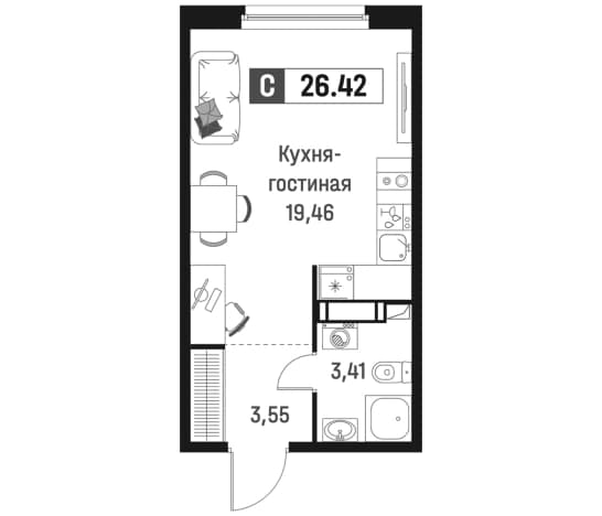 . Вариант № 1835414, 0, площадь - 26.42 квм, цена 5706903 рублей
