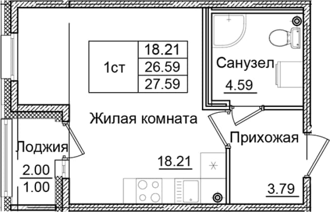 . Вариант № 1826538, 0, площадь - 26.59 квм, цена 4759275 рублей
