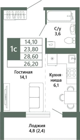 . Вариант № 1729645, 1, площадь - 26.2 квм, цена 4490000 рублей
