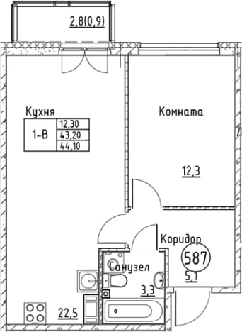 . Вариант № 1830903, 0, площадь - 43.2 квм, цена 9925765 рублей
