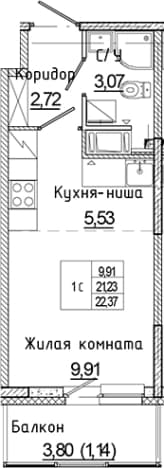 . Вариант № 1814977, 0, площадь - 21.23 квм, цена 3885136 рублей