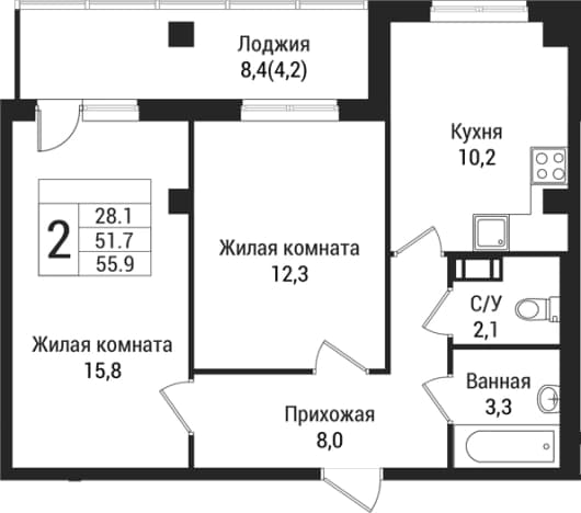 . Вариант № 1864400, 0, площадь - 51.7 квм, цена 7929000 рублей