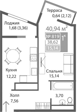 . Вариант № 2125670, 0, площадь - 38.62 квм, цена 7045569 рублей