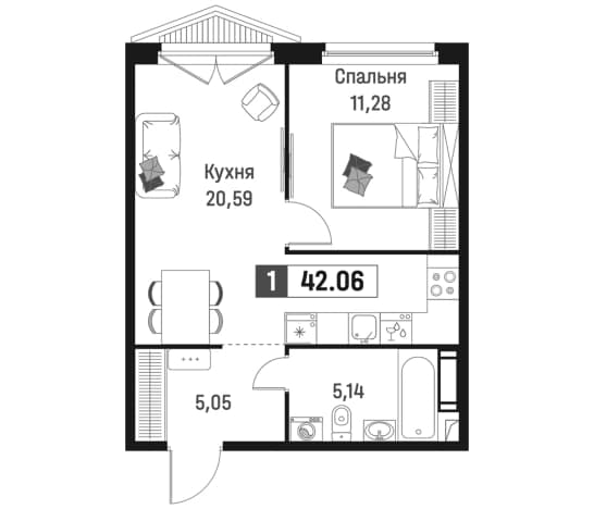 . Вариант № 1835379, 0, площадь - 42.06 квм, цена 8700458 рублей