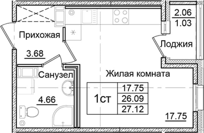 . Вариант № 2261380, 0, площадь - 26.09 квм, цена 5125680 рублей